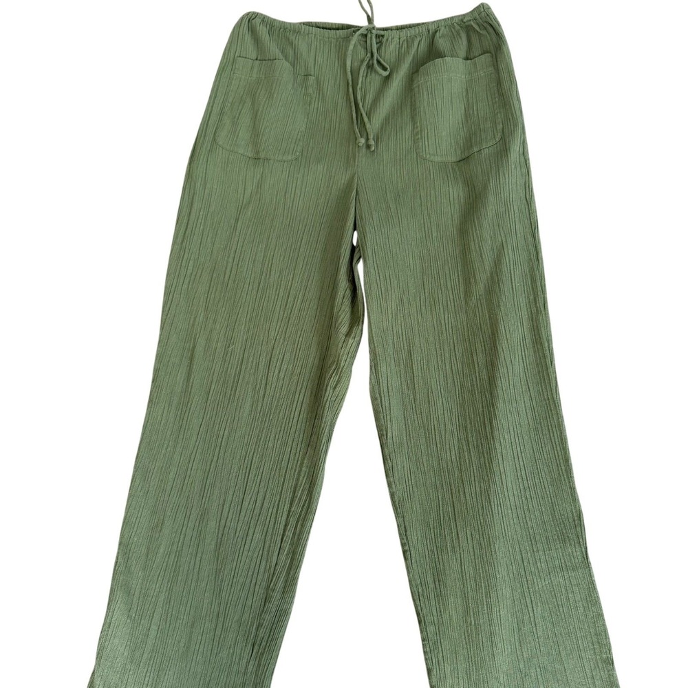 Vintage Y2K J.Crew Olive Green Crinkle Cotton Wide Leg Pants Size L